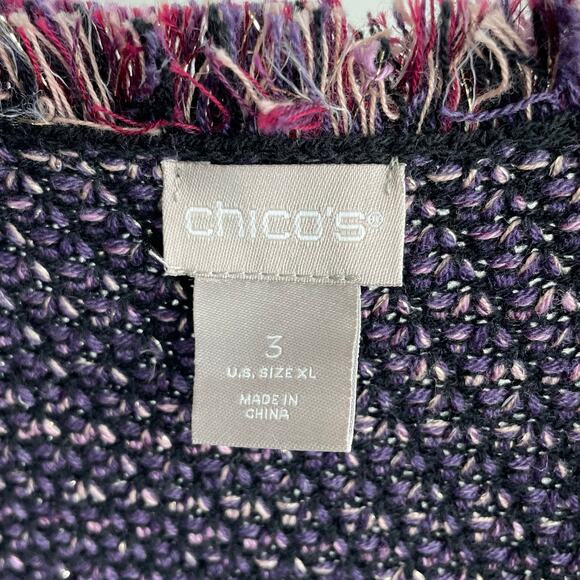 Chicos Marled Fringe Cardigan Sweater Purple Colorblock Metallic Knit Jacket XL - Picture 5 of 12